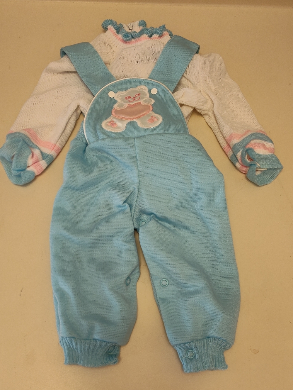 New Vintage Bull Frog Knits 3-6 Months Outfit Blue Overalls With Teddy Bear